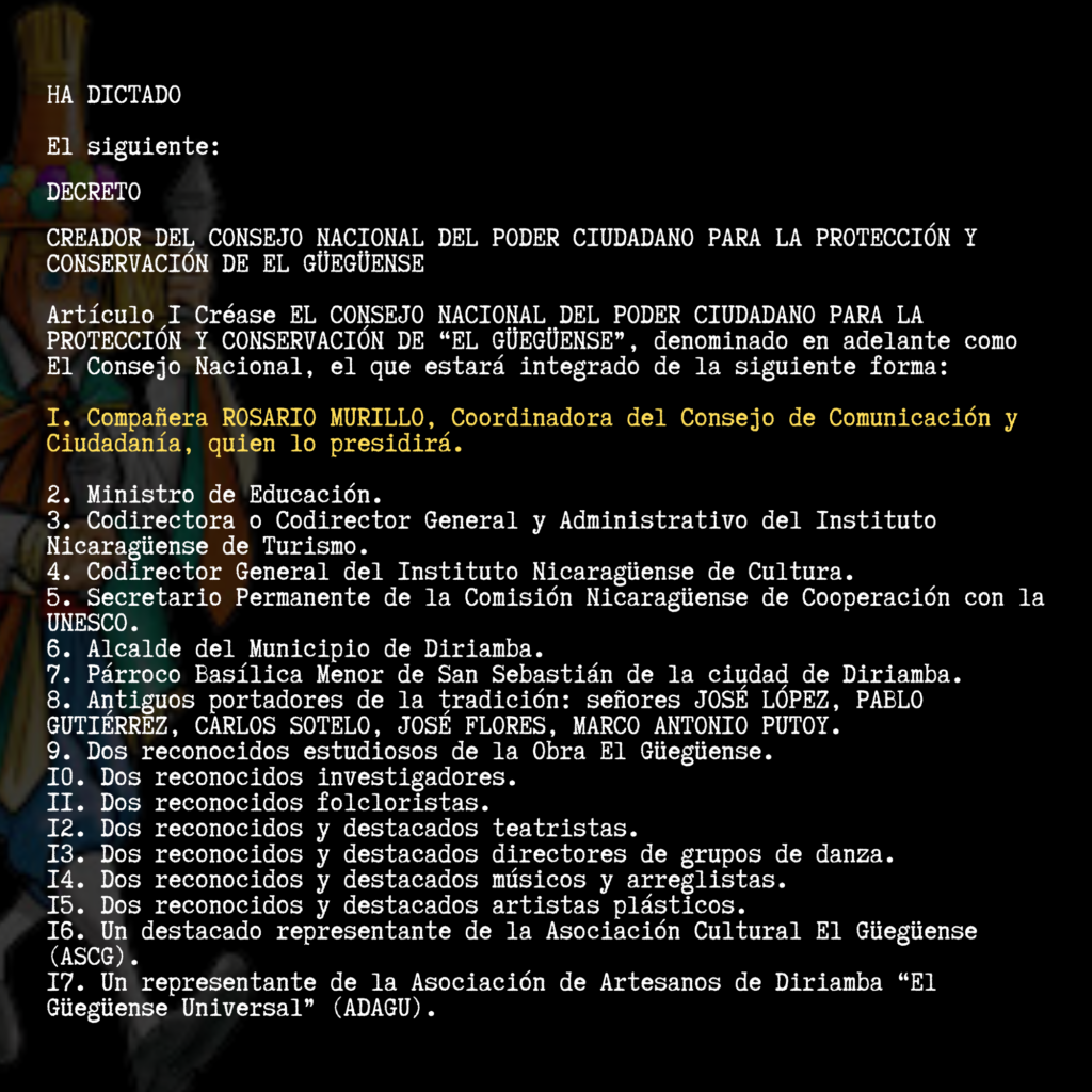 Decreto ejecutivo n°. 103-2007. decreto creador del Consejo Nacional del Poder Ciudadano para la protección y conservación de El Güegüense.