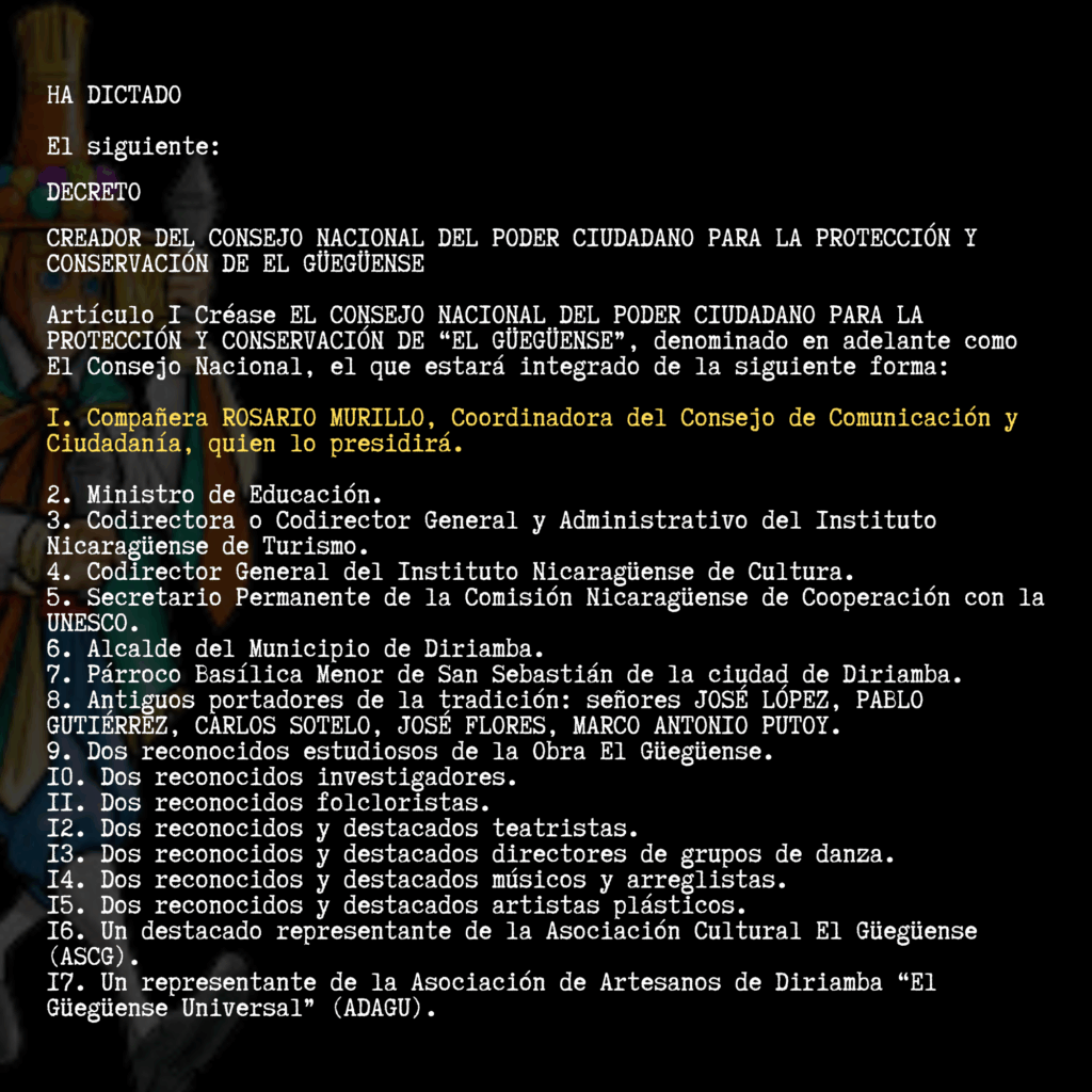 Decreto ejecutivo n°. 103-2007. decreto creador del Consejo Nacional del Poder Ciudadano para la protección y conservación de El Güegüense.