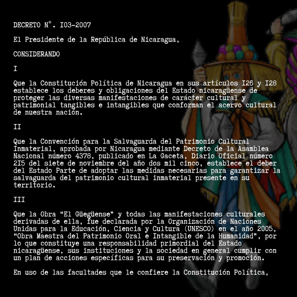 Decreto ejecutivo n°. 103-2007. decreto creador del Consejo Nacional del Poder Ciudadano para la protección y conservación de El Güegüense.