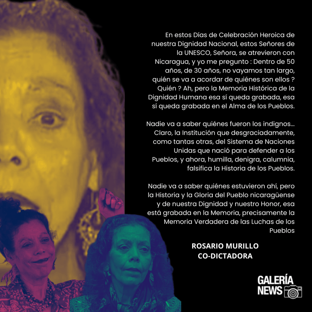 Mayo de 2025: entre verborrea e insultos Rosario Murillo anuncia retiro de Nicaragua de Naciones Unidas.|©Galería News