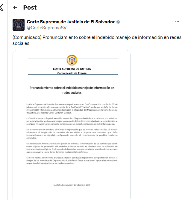 Comunicado Corte Suprema de El Salvador|